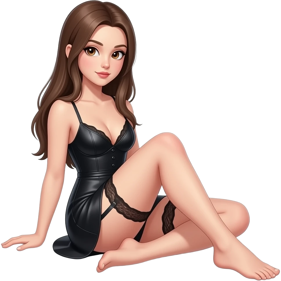 21 yr girl with white skin, brown eyes brown striaght hair, NO bangs, long hair, sitting down, sexy oufit, sexy pose showing toes and bottom toes of foot emoji