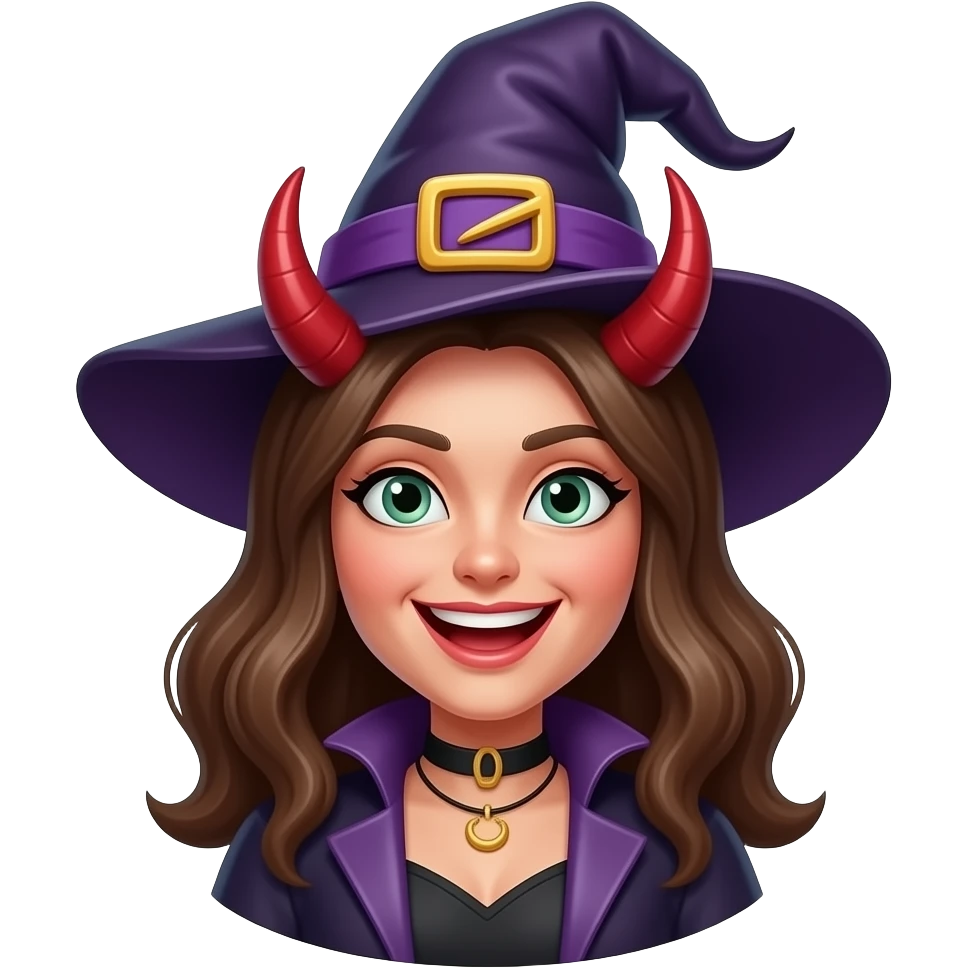 Cackling witch with mischievous devil emoji