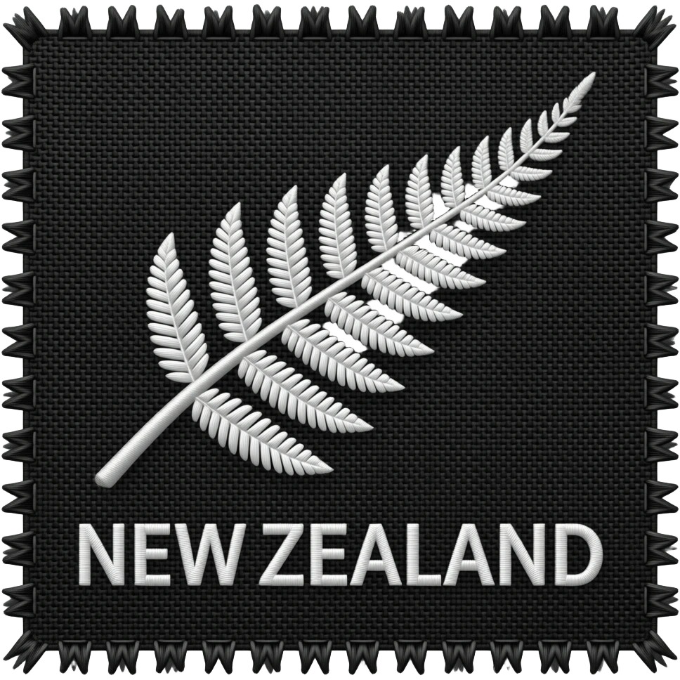 tattered imperfect flawed rustic authentic used silver fern white on black embroidery with text below- 'NEW ZEALAND' emoji