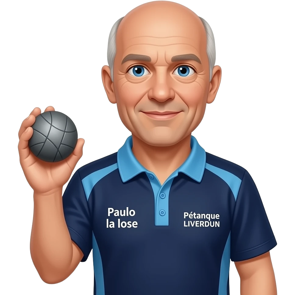 tête homme 60 ans yeux bleus sans un seul cheveu avec boule de pétanque grise à la main sur maillot bleu foncé avec col trois boutons bleu clair et avec épaules seules bleu clair coté bras bleu foncé droit Pétanque LIVERDUN, côté gauche "Paulo la lose"" emoji