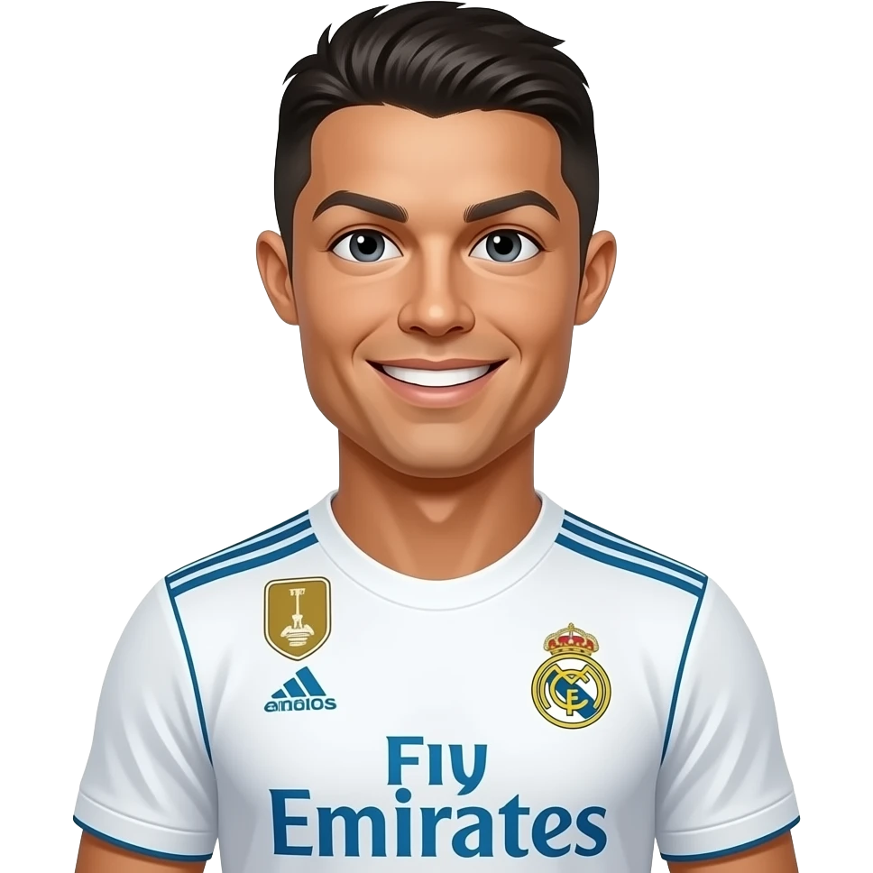 Cristiano Ronaldo emoji avatar, Real Madrid jersey, cute cartoon style. No trophy visible, clean face and confident smile. emoji
