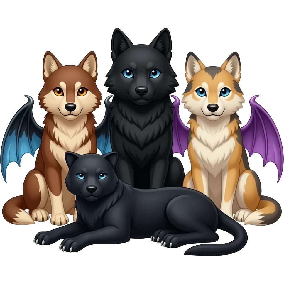 Three wolves are sitting together with a black panther with golden eyes lying at their feet. One wolf russet brown with orange eyes and black, white, and blue crow wings. The middle wolf is all black with blue eyes, and the last wolf is tan with blue eyes and purplish draconic succubi wings. emoji
