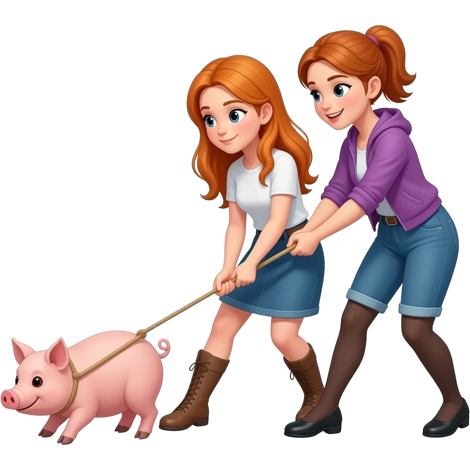 Ginger women using a pig instead of rope tug of war emoji