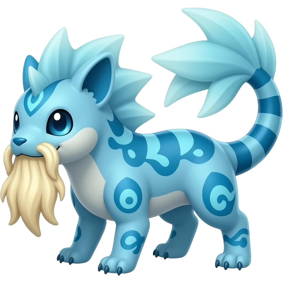 scaly shiny frilled finned patterned blue tribal-patterned digitigrade quadrupedal Vaporeon-Salandit-Glaceon-hybrid with thick fleshy noodle-whiskers emoji