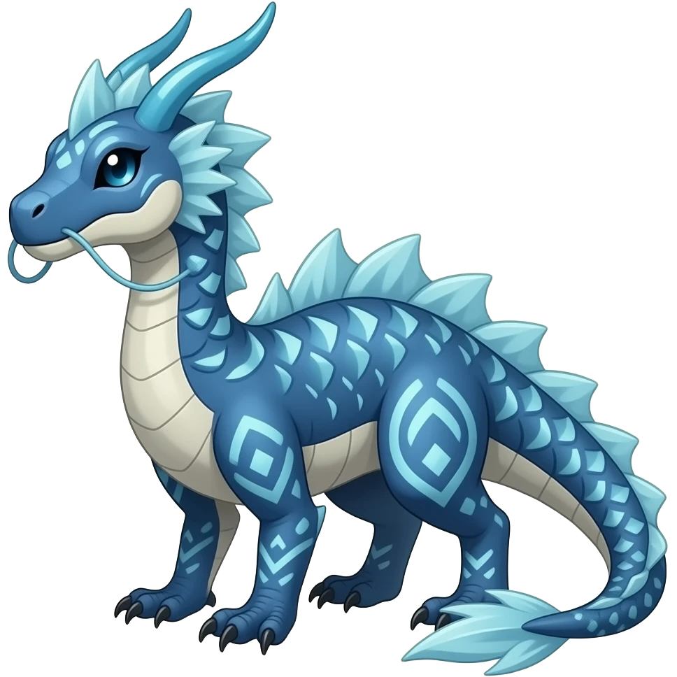 scaly shiny frilled raptorik finned patterned blue tribal-patterned digitigrade quadrupedal Vaporeon-Salandit-Glaceon-hybrid with long thin dragon whiskers emoji