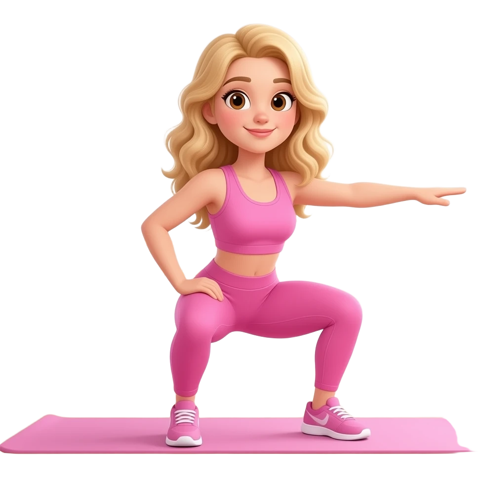 Menina de cabelo loiro e ondulado e olhos castanhos de roupa de academia rosa fazendo agachamento virada de lado emoji