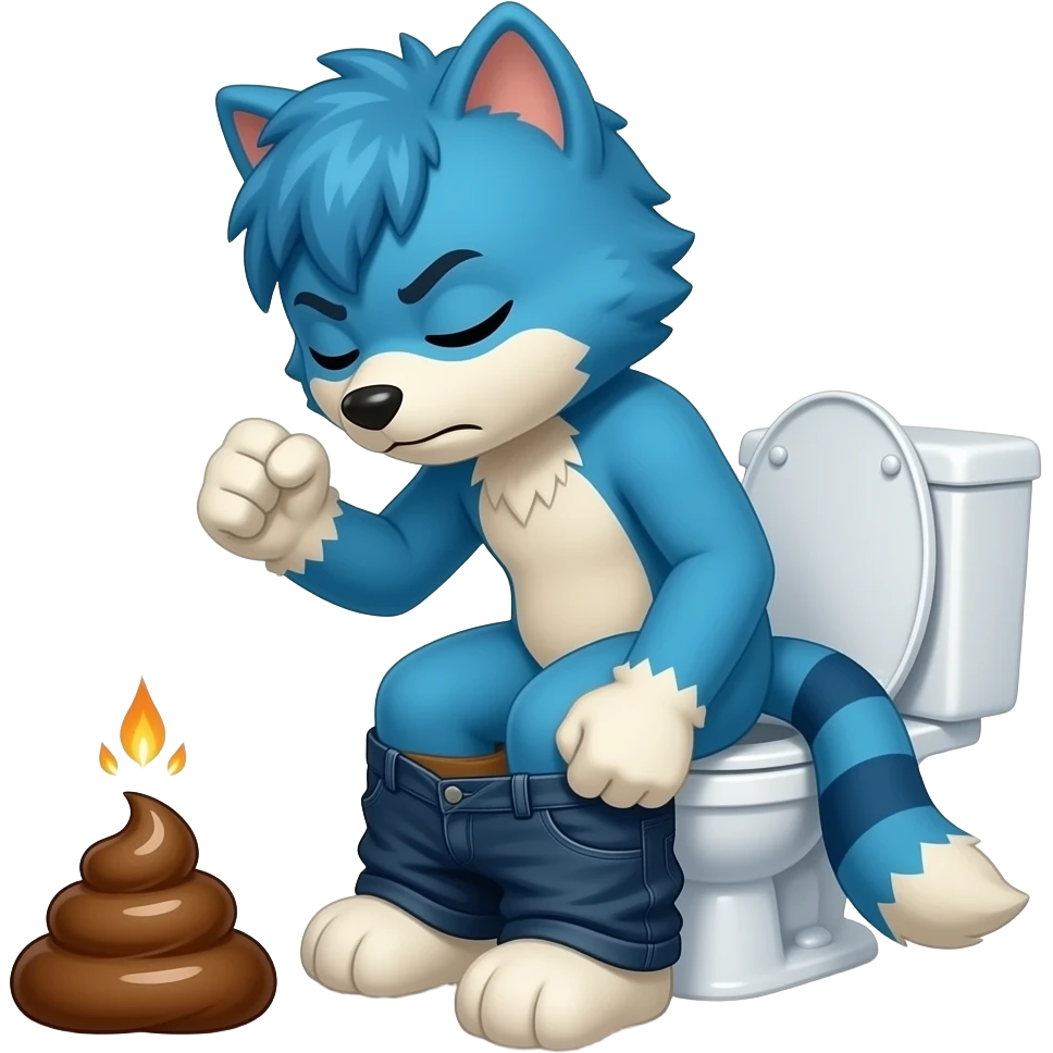 blue fursuit sitting on toilet, side view , pants down, pushing, eyes closed, straining face, fists, poop emoji