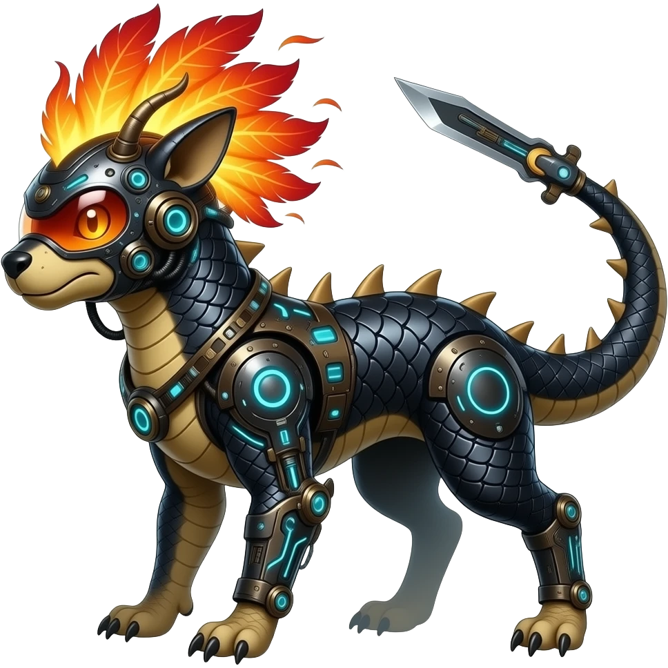 Cool edgy fiery bipedal scaly cybernetic electrical visor-helmeted, Circuitry-patterned black-scaled digitigrade futuristic fantasy-Cyberpunk-Steampunk-Solarpunk-Genesect-Cyclizar-Salazzle-Protogen-Fakémon-animal-hybrid, with neon feather-mane, and a tail blade, back spikes emoji