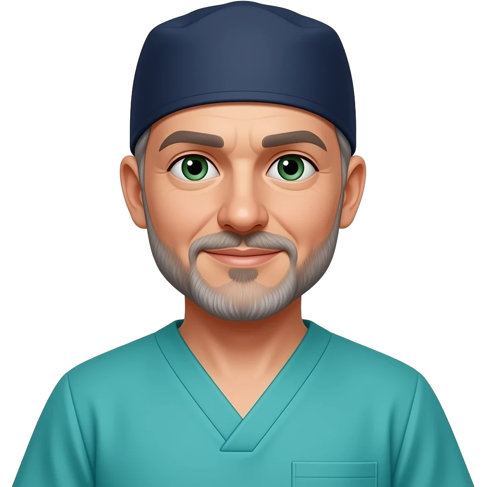 surgeon with navy cap, torquoise scrubs, no tshirt, green eyes, gray hair, beard stubble emoji