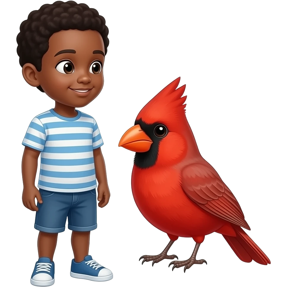African American boy and toddler looking at a red cardinal emoji