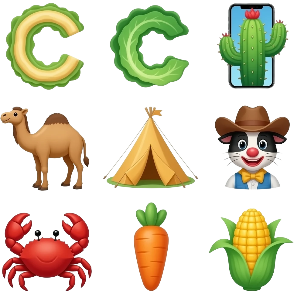 Cc🥬🌵🎂📱🐪⛺️🐈🐛🤡🐮🐄🤠🦀🥕🌽 emoji