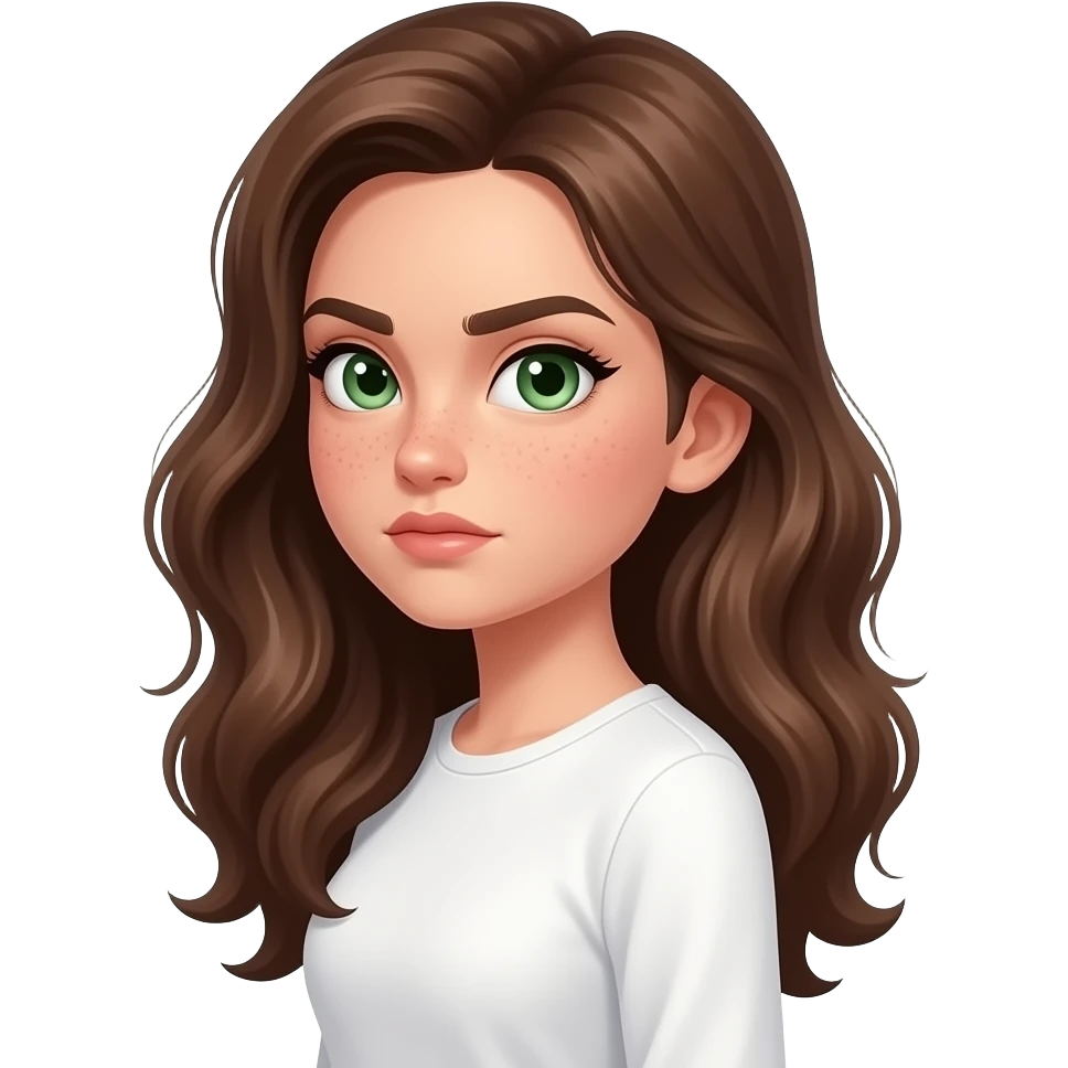 strong side view strong face expression very visible judgmental, cartoonish, caricatured, grotesque, suspicious side-eye meme by Brown wavy long haired with green eyes eyebrows raised cute face with freckles pretty girl in cute  white top with long sleeve emoji