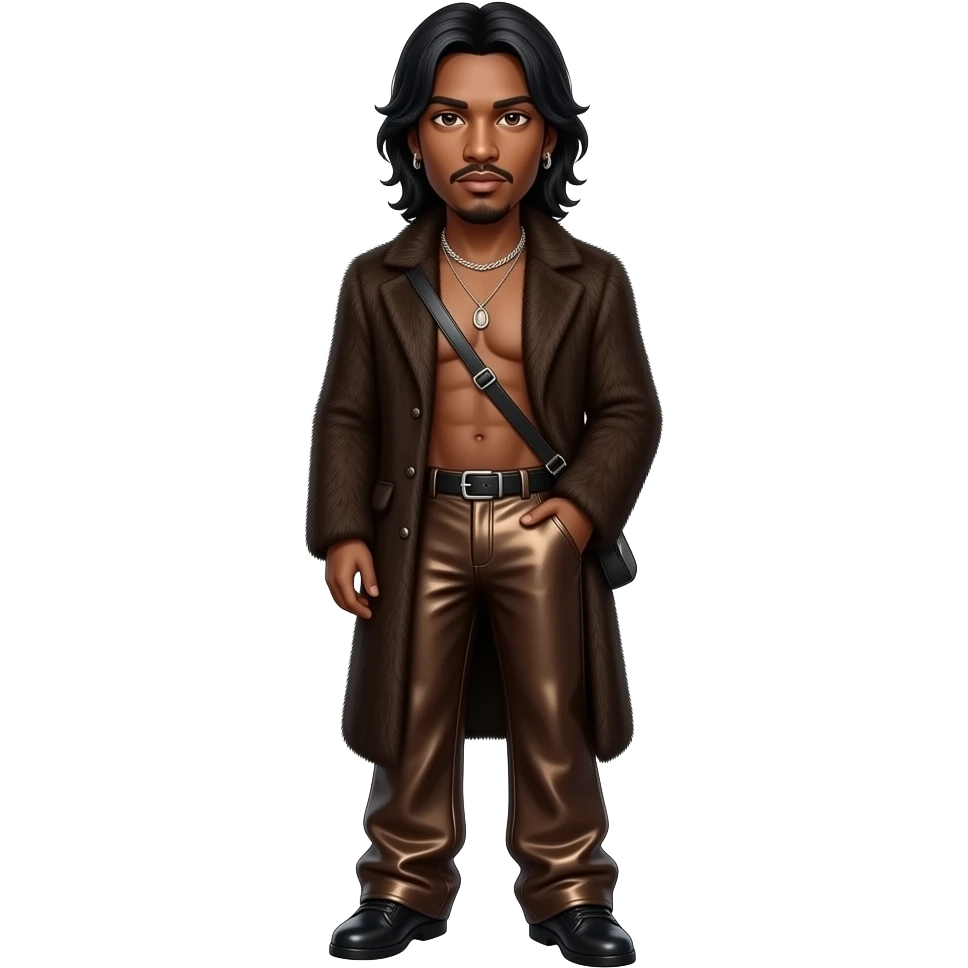 Omarion with dark brown eyes, long black hair, dark brown fur coat, dark brown metallic baggy pants, shirtless with necklace and earrings emoji