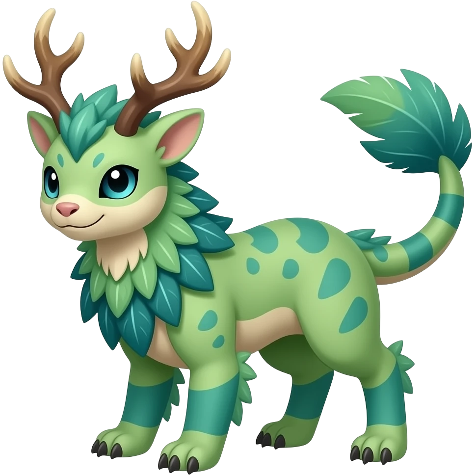 Tropical feathery shamanic cultural Greenish beautiful handsome gorgeous aesthetic colorful vibrant Vernid-Trico-species-Fakemon-creature by LiLaiRa, 4 legs, 1 tail, random markings, (full body) with antlers emoji