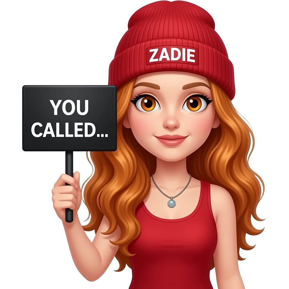 sexy girl with overlong wavy ginger hair and ginger eyes wearing a red tanktop and a red beanie with ZADIE written on it, is holding a black sign with YOU CALLED... written on it emoji