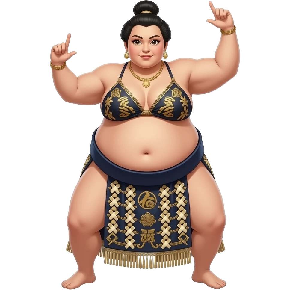 A female sumo warrior belly dancer,with a morbid obese midsection,her bellybutton peeps,her massive belly is bulging from being stuffed to the max after a luncheon buffet,She dances then her bouncy big tummy steals the spotlight. emoji