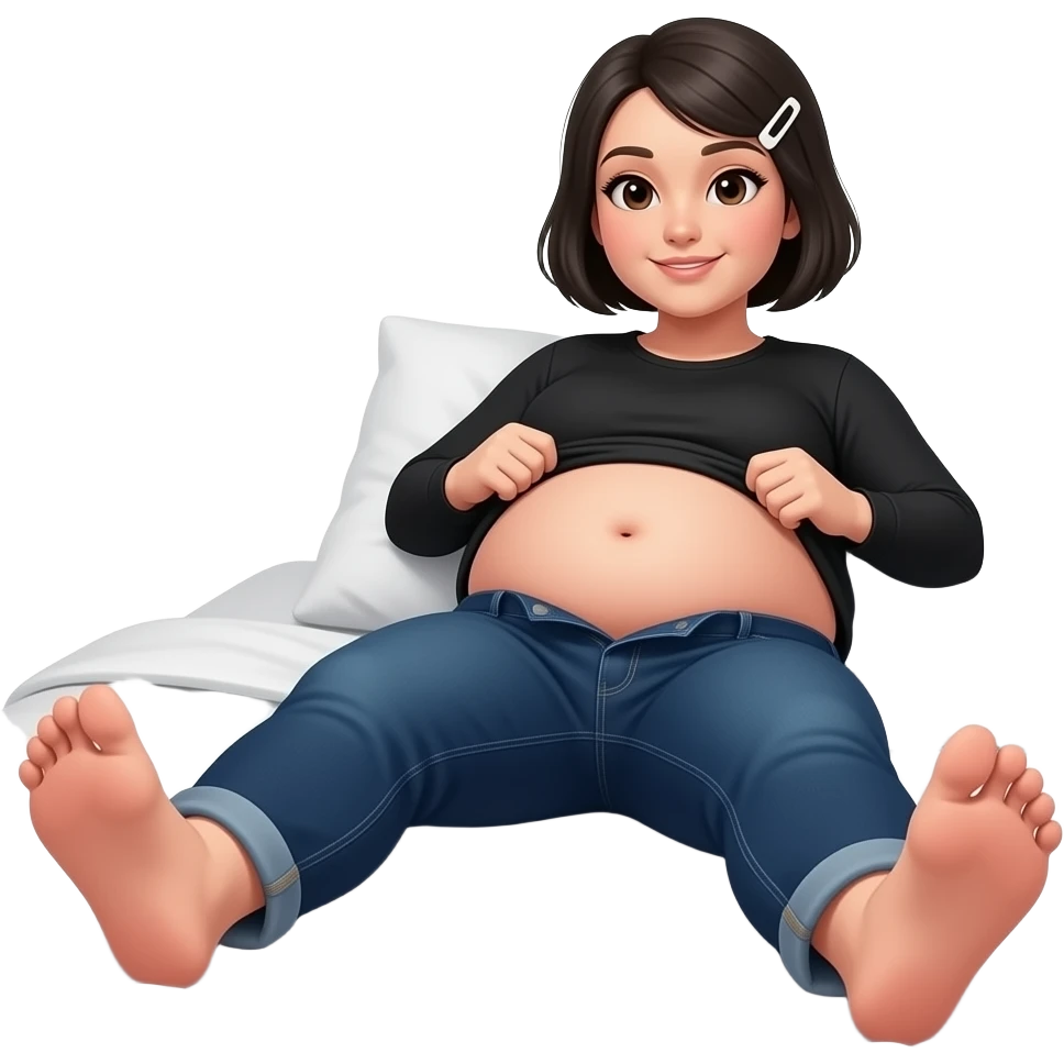 White woman with black short hair, white hair clip, black long sleeve shirt, dark blue jeans, and a chubby body laying on bed showing her feet lifting her shirt to show her chubby belly emoji