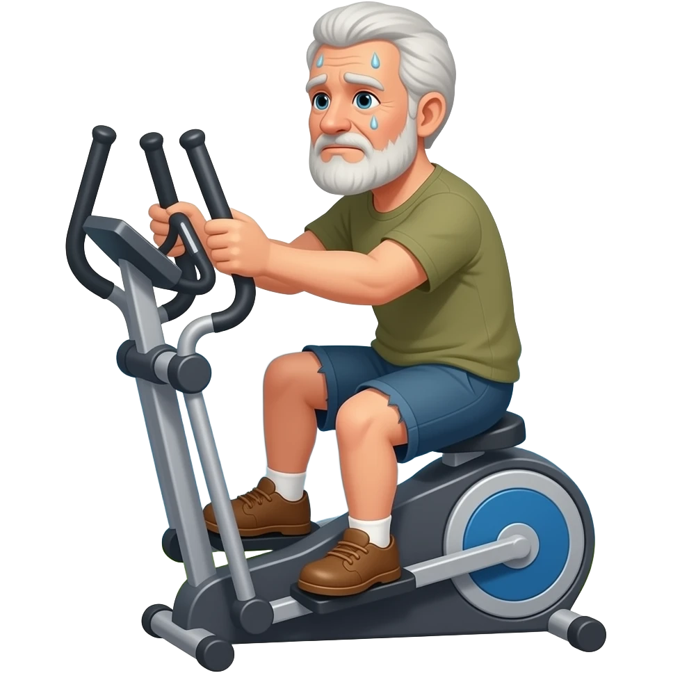 Äldre snaggad man med skäggstubb svettas rn hel sjö sittandes på  encrosstrainer som svettas väldogt myckey emoji