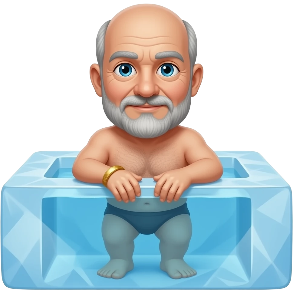 Gammal svart man utan hår med skäggstubb och runda guldbågade badar i isvaken emoji