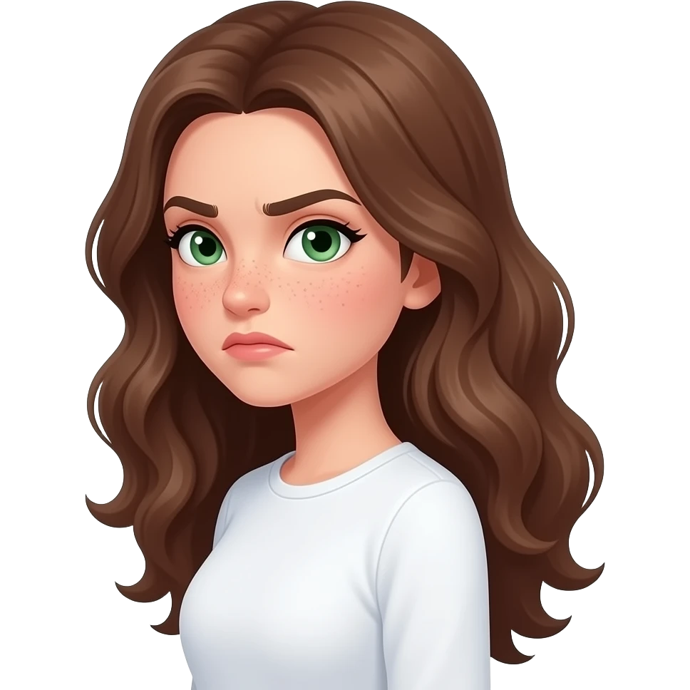 strong side view strong face expression very visible judgmental, cartoonish, caricatured, grotesque, suspicious side-eye meme even little disgusted by Brown wavy long haired with green eyes eyebrows raised cute face with freckles pretty girl in cute  white top with long sleeve emoji