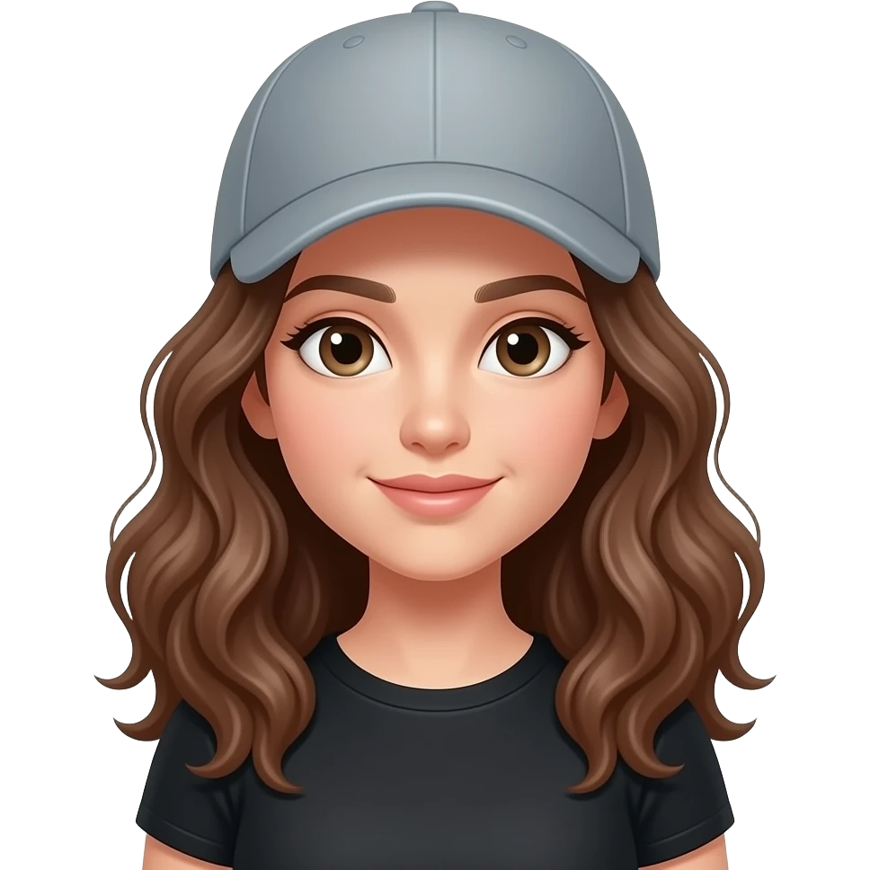 Girl with brunette hair wavy hair, grey sports hat fair skin black shirt young adult emoji