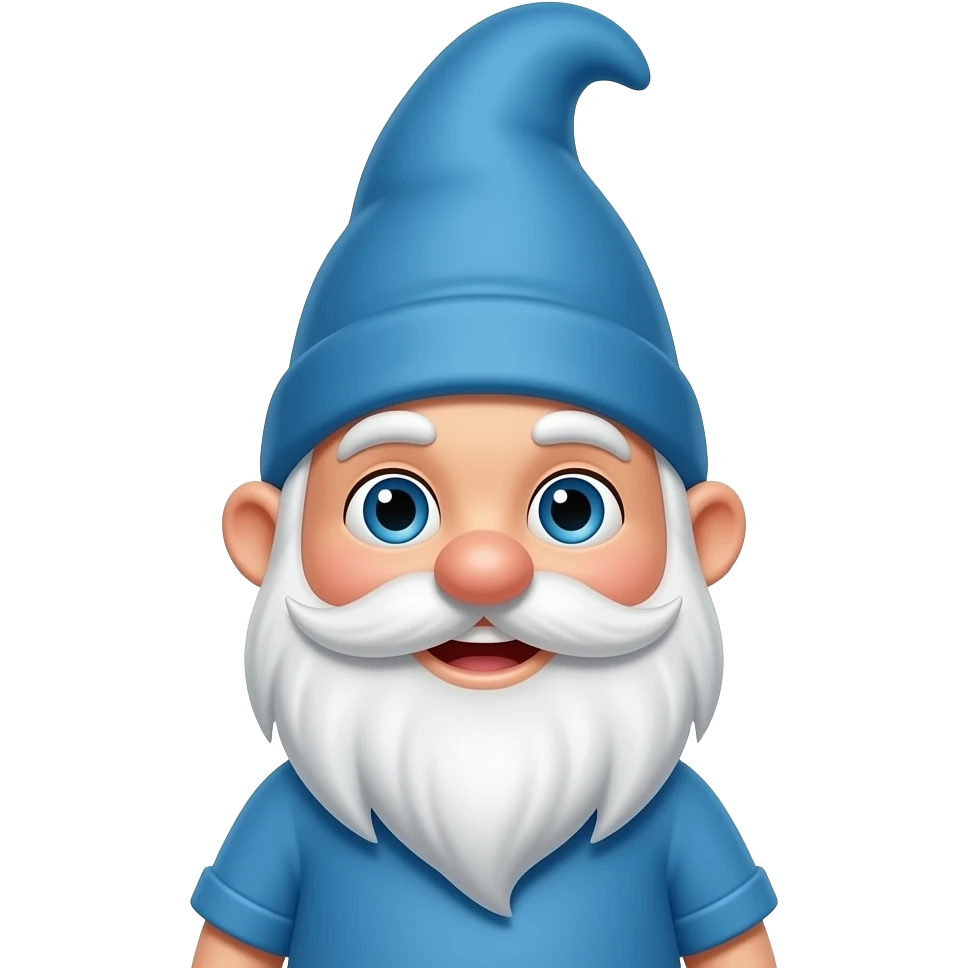 A cute smiling Gnome has a white beard , blue eye, blue shirt and a blue pointed hair emoji