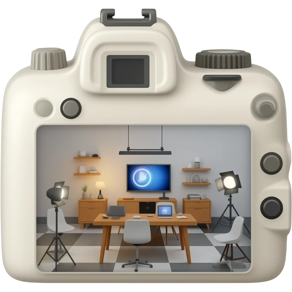 Crée 1 emoji iOS 18 représentant un univers cosy et esthétique de créatrice. Éléments : une interface camera. La vue est prise en 3 quarts.l'ensemble est isolée sur un fond blanc. emoji