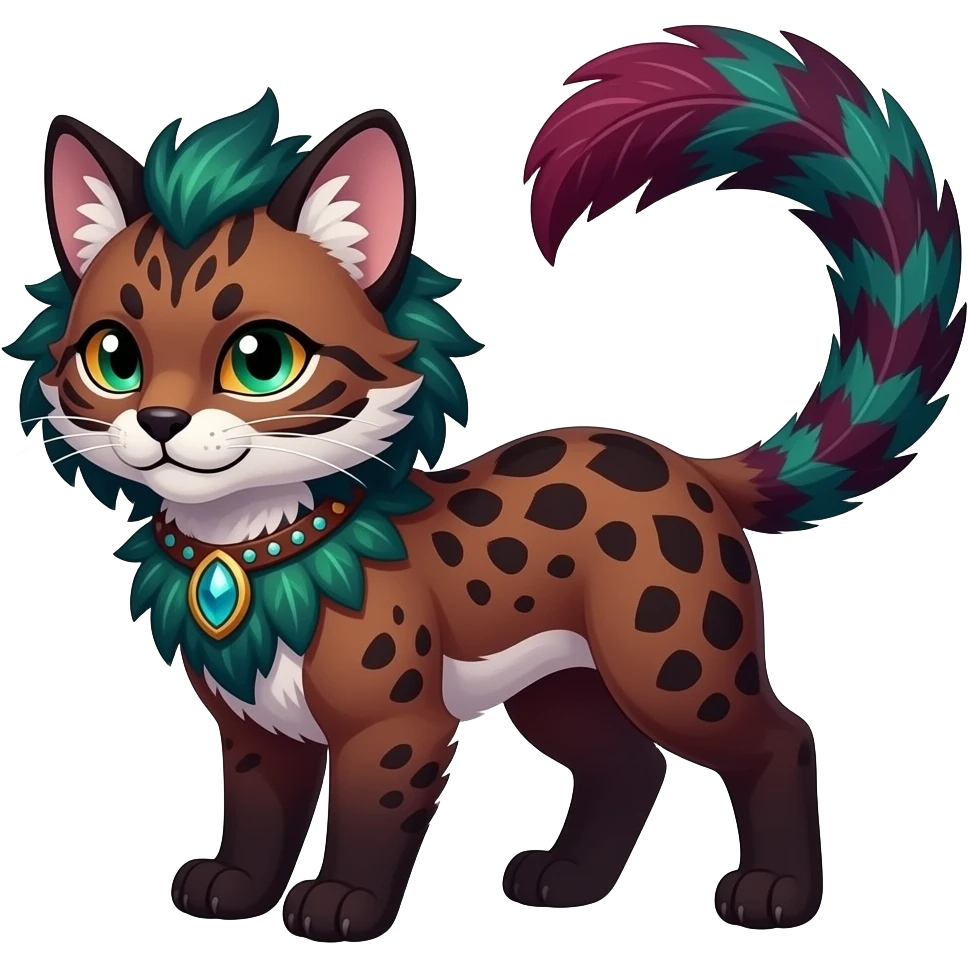 Colorful dark tropical feathery tribal dark burgundy wine-red obsidian-black jade-green white glorious iridescent divine exotic cute cool beautiful beautiful fantasy-caracal-civet-genet-sergal-vernid-Gryphon-Cacomistle-Trico-oncilla-animal-Fakémon-hybrid-fursona (full body) emoji