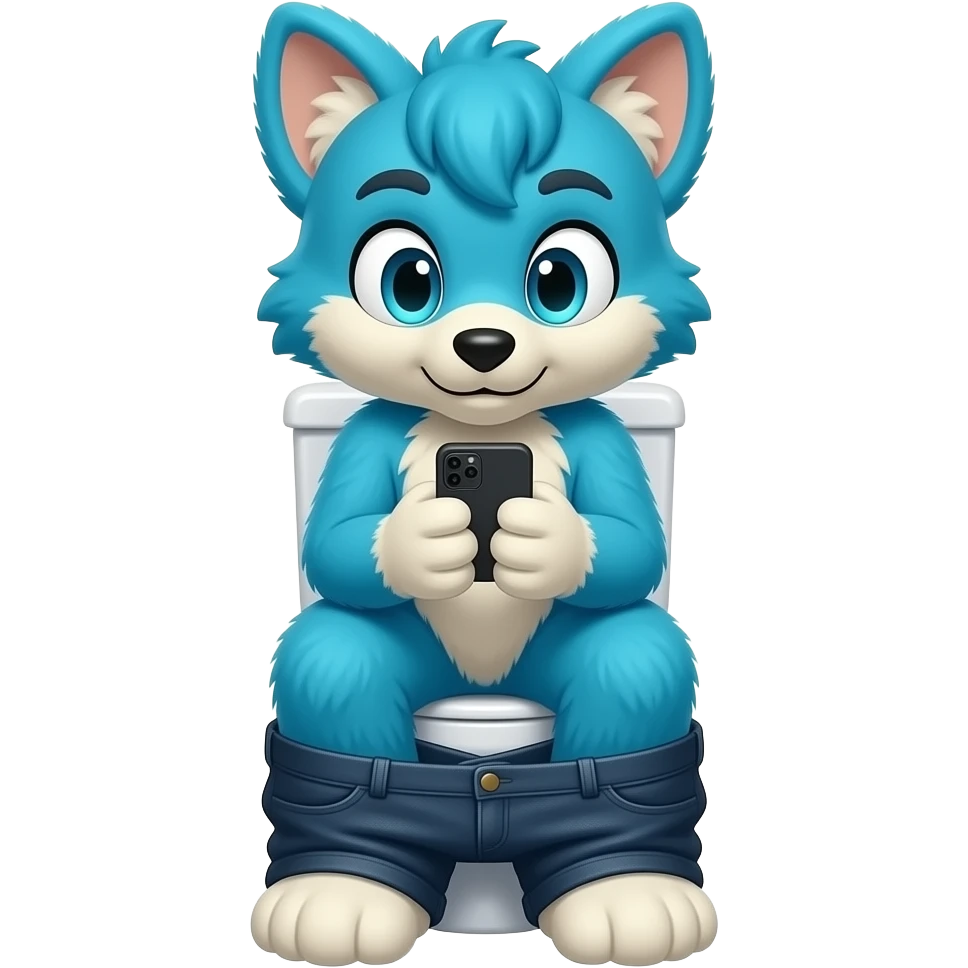 blue fursuit sitting on toilet, front view, pants down, looking down at phone emoji