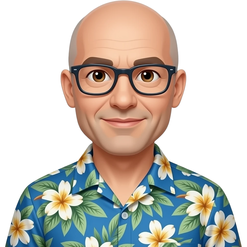 balding man, brown eyes and glasses, hawaiian shirt emoji