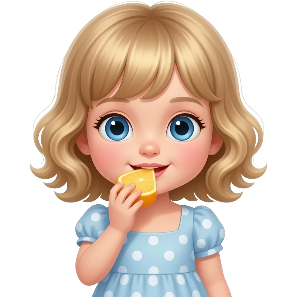 white kid blue eyes mid length with bangs soft curly hair to shoulders in color: middle to little darker blonde, in a dress, eating fruit emoji