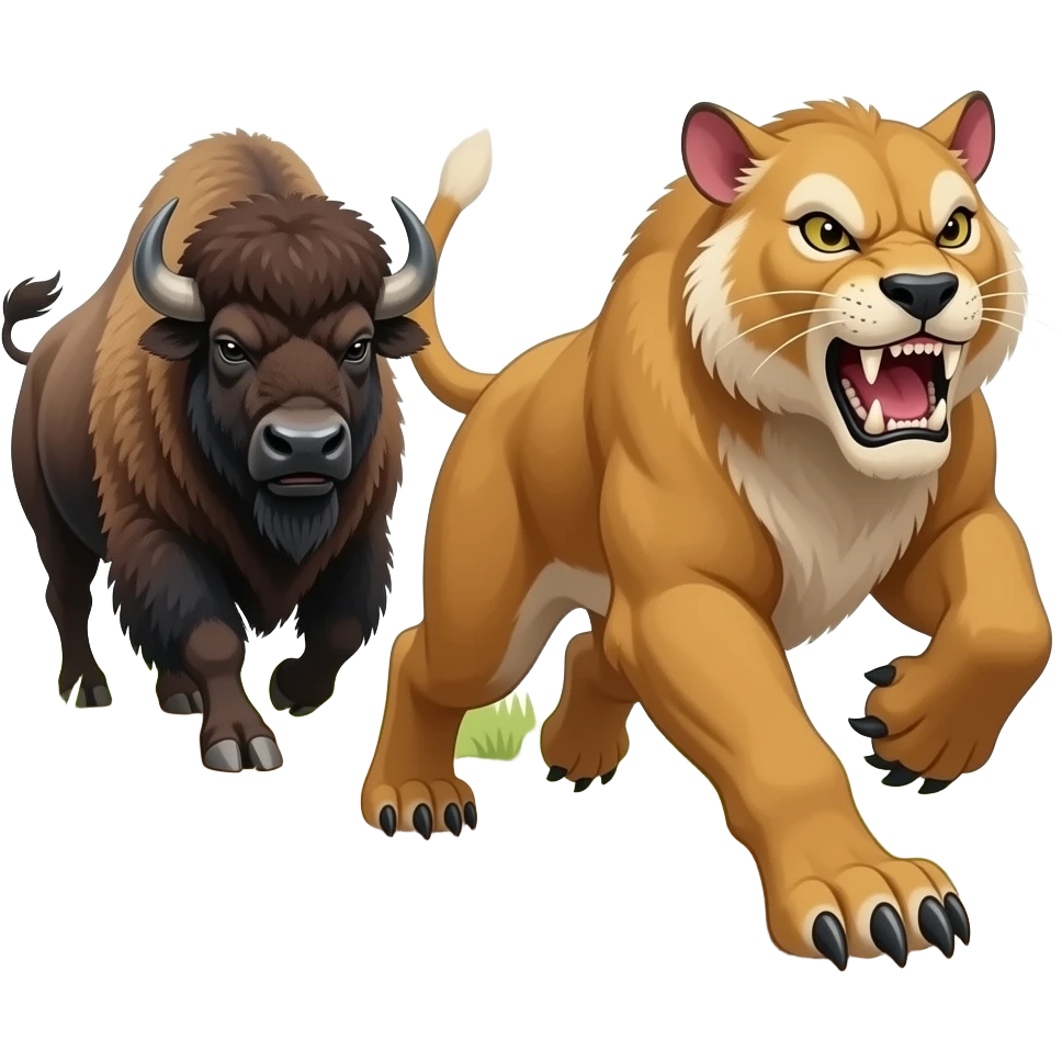 Angry smilodon running in the bushes from defensive bison herd chasing it emoji