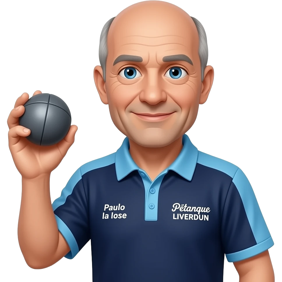 tête homme 60 ans yeux bleus totalement glabre avec boule de pétanque grise à la main sur maillot bleu foncé avec col trois boutons bleu clair et avec épaules seules bleu clair coté bras bleu foncé droit Pétanque LIVERDUN, côté gauche "Paulo la lose"" emoji