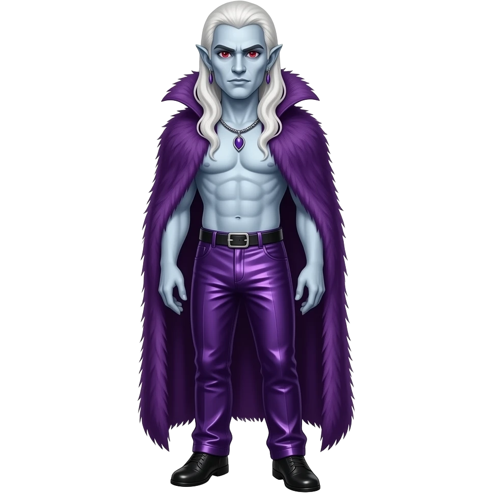 Dracula with pale grey skin, red eyes, long white hair, deep purple fur shawl, deep purple metallic baggy pants, shirtless with necklace and earrings emoji