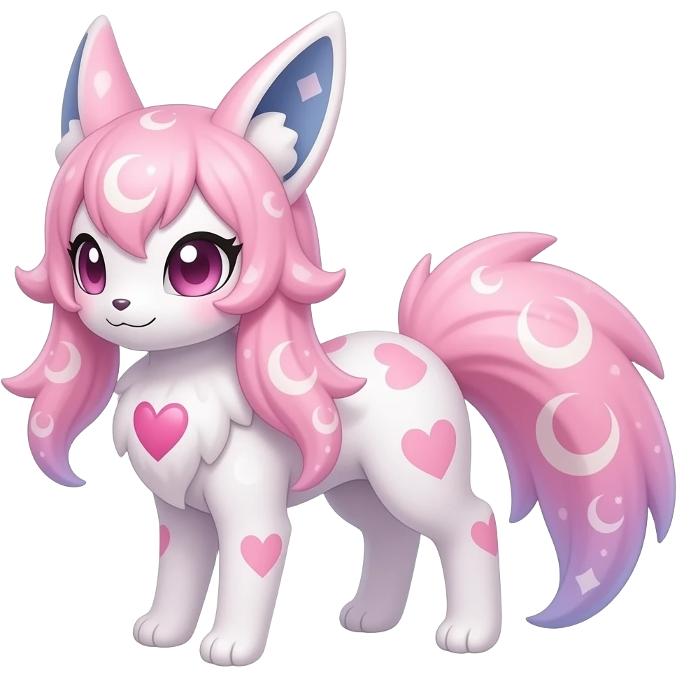 Rosy shiny glossy sparkly romantic pastel damask Absol-Sylveon-Fakemon-hybrid with heart and moon patterns emoji