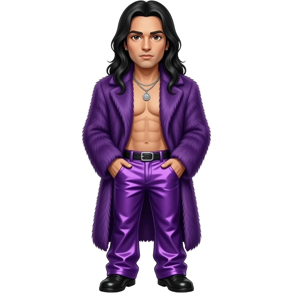 Jonathan Davis with dark brown eyes, long black hair, purple fur coat, purple chrome baggy pants, shirtless with necklace emoji