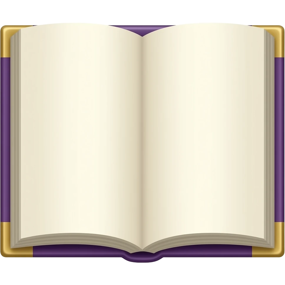 Open fantasy book emoji, pages facing viewer, thin purple hardcover with gold corners, cream pages, centered, transparent background, polished RPG game icon style, no glow, no bookmark emoji