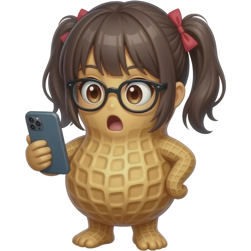 An anthropomorphic peanut -that looks like a peanut with a peanut FACE and hands and body-  wearing glasses,  anime girl hairstyle , holding a phone and looking at it in shock, with an anime style background emoji
