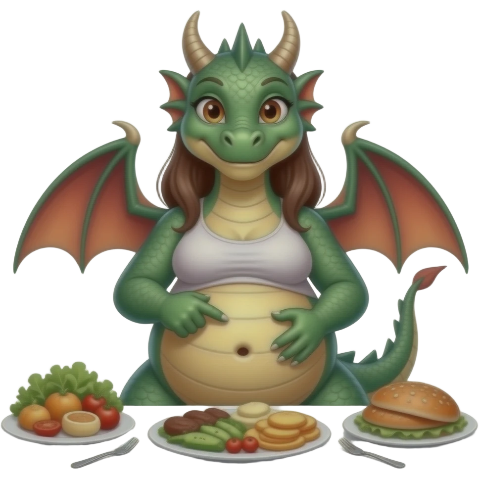 A female eastern dragon,enjoyed a great buffet,now she pretends she has a twin baby bump,she sticks out her big full stomach,she is just perfect pointing cutely at her food baby,it is a guessing game with her bun in the oven,but she knows she is just fat,her bellybutton makes agreement with clues. emoji