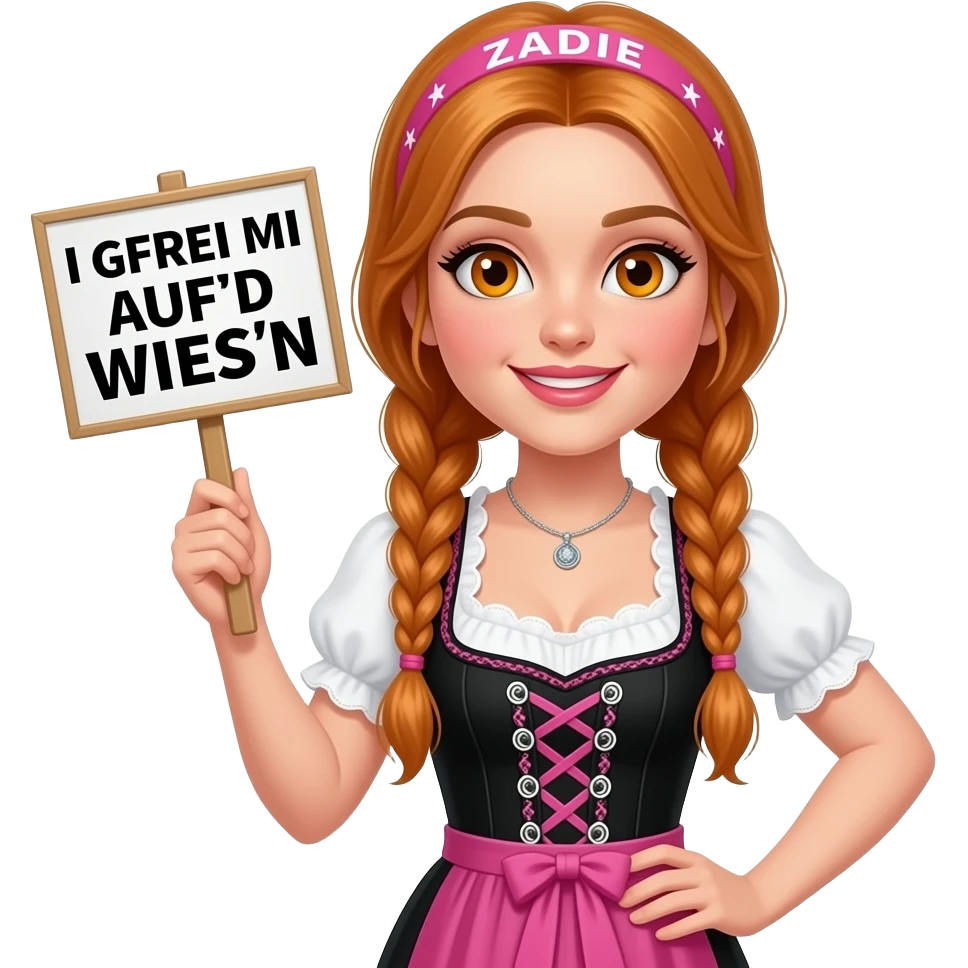 sexy girl with overlong ginger braids and ginger eyes wearing a black pink dirndl and a pink headband with ZADIE written on it, is holding a sign with I GFREI MI SCHO AUF'D WIES'N written on it emoji
