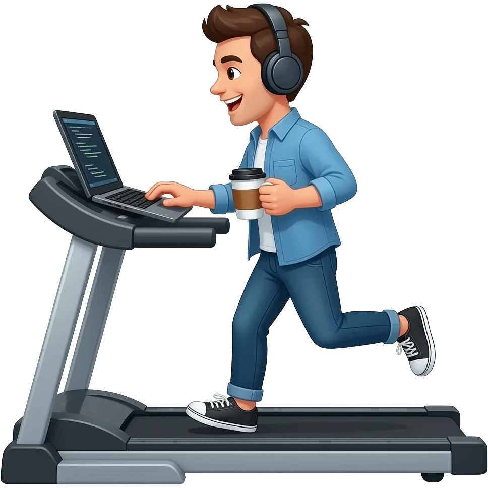 Java developer running on treadmill and coding, funny, joke emoji