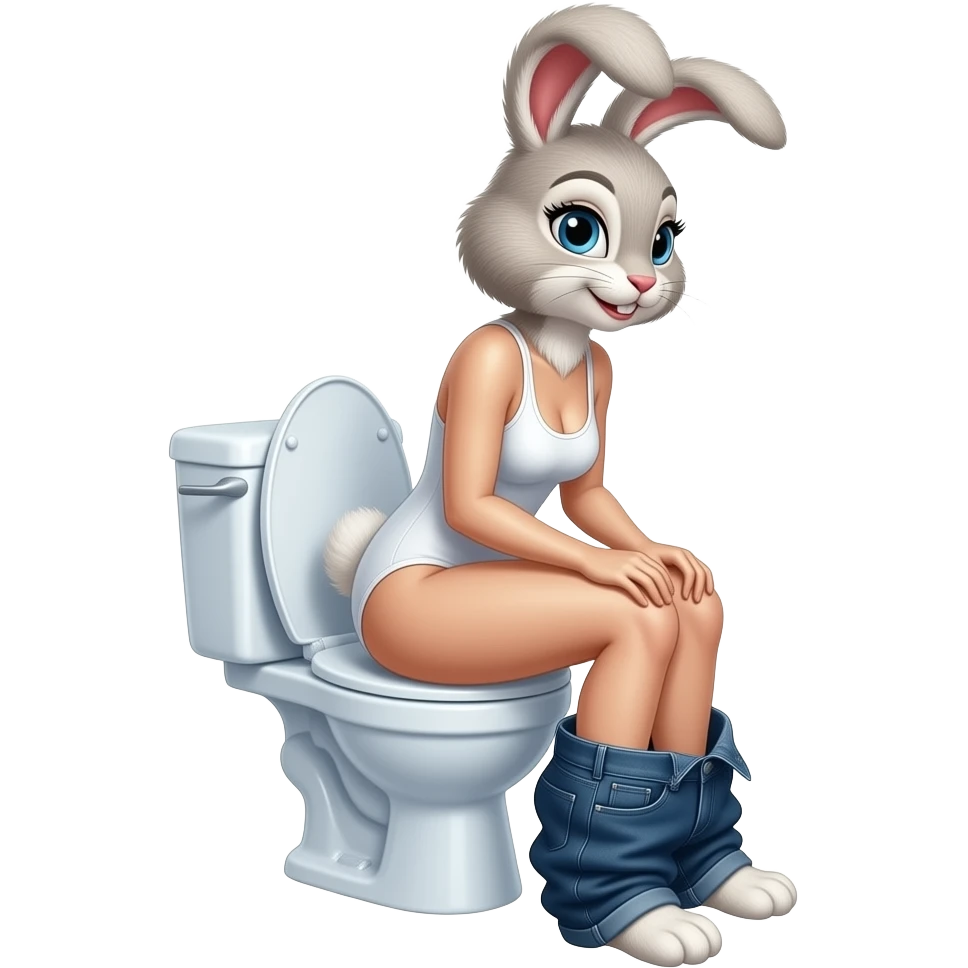 Female rabbit furry person woman sit on toilet pants down side view emoji