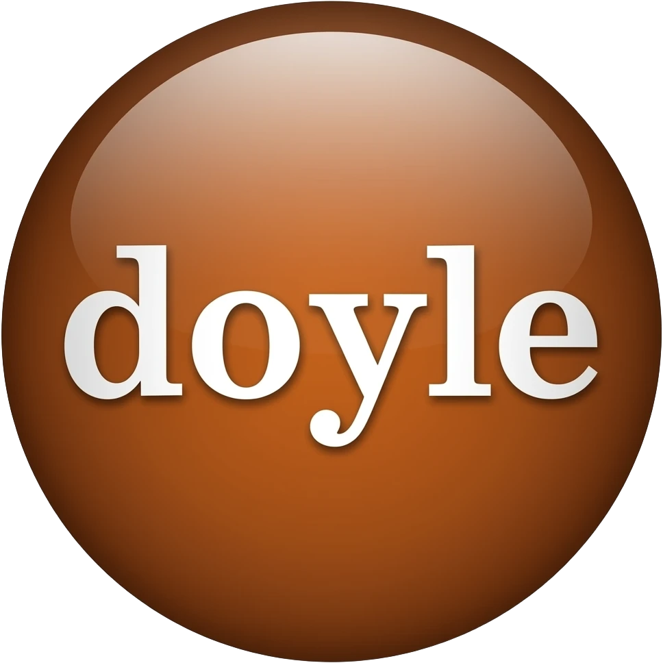 button that says "doyle" in white text glossy button circle with shine. brown color emoji