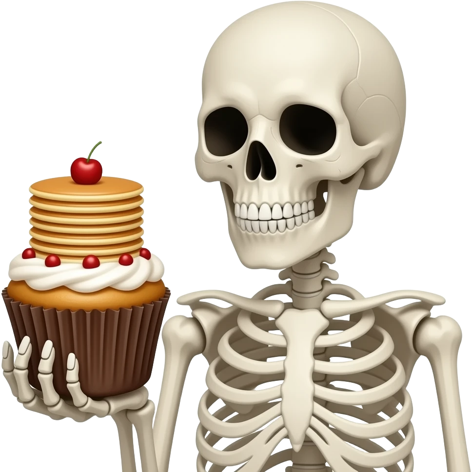 Skeleton holding cupcake with a stacks of pancakes on top emoji