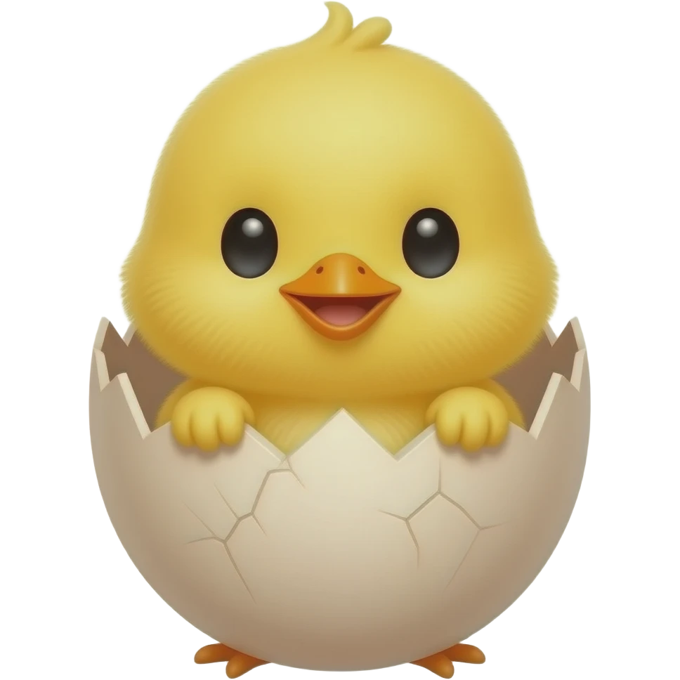 Cute yellow chick emoji sitting inside a half-cracked eggshell, tiny fluffy body popping out from the egg, small orange beak, sparkling black eyes, cheerful expression, glossy 3D Pixar-style render, adorable cartoon look, white background emoji