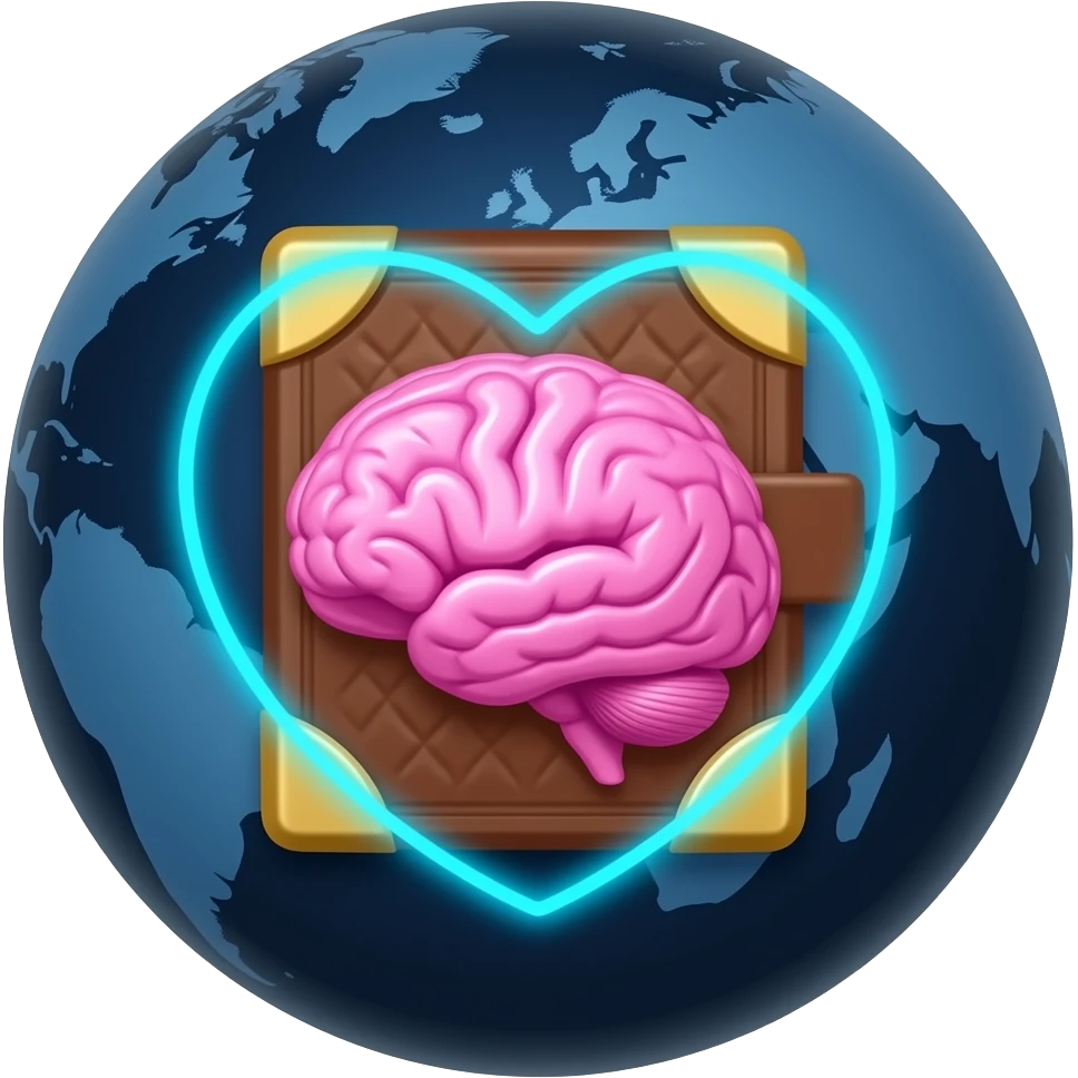 a dark globe with a blue heart in and a hot pink brain inside of that and a bible inside of that emoji