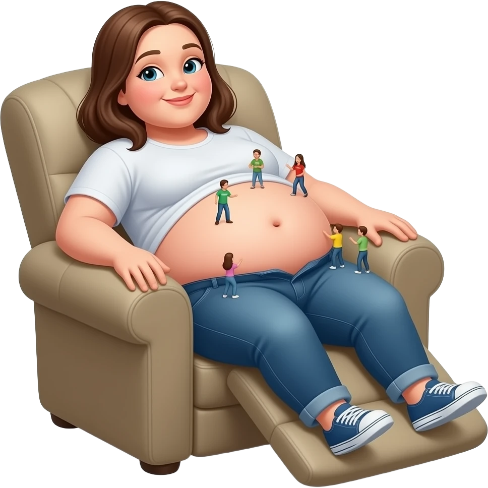 A female giant rests on a recliner sofa,with friendly gentle manner she hangs out her overfed rotund exposed belly,so the tiny volunteer admirers can use the girl’s vulnerable belly to bounce on,The female giant giggles because her bellybutton is ticklish. emoji