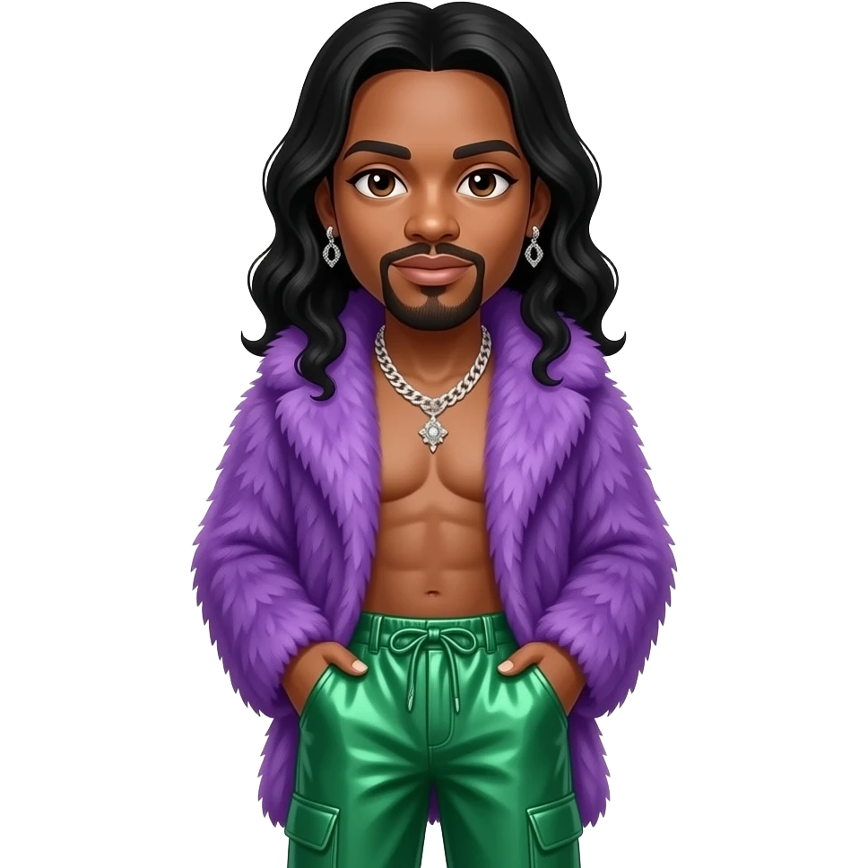 Katt Williams with dark brown eyes, long black hair, purple fur shawl, emerald green metallic baggy pants, shirtless with necklace and earrings emoji