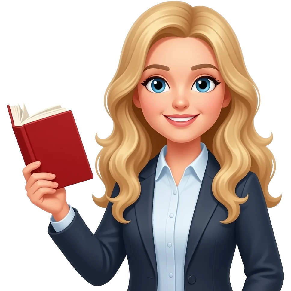 a teacher with long wavy blond hair with the red book in the right hand emoji
