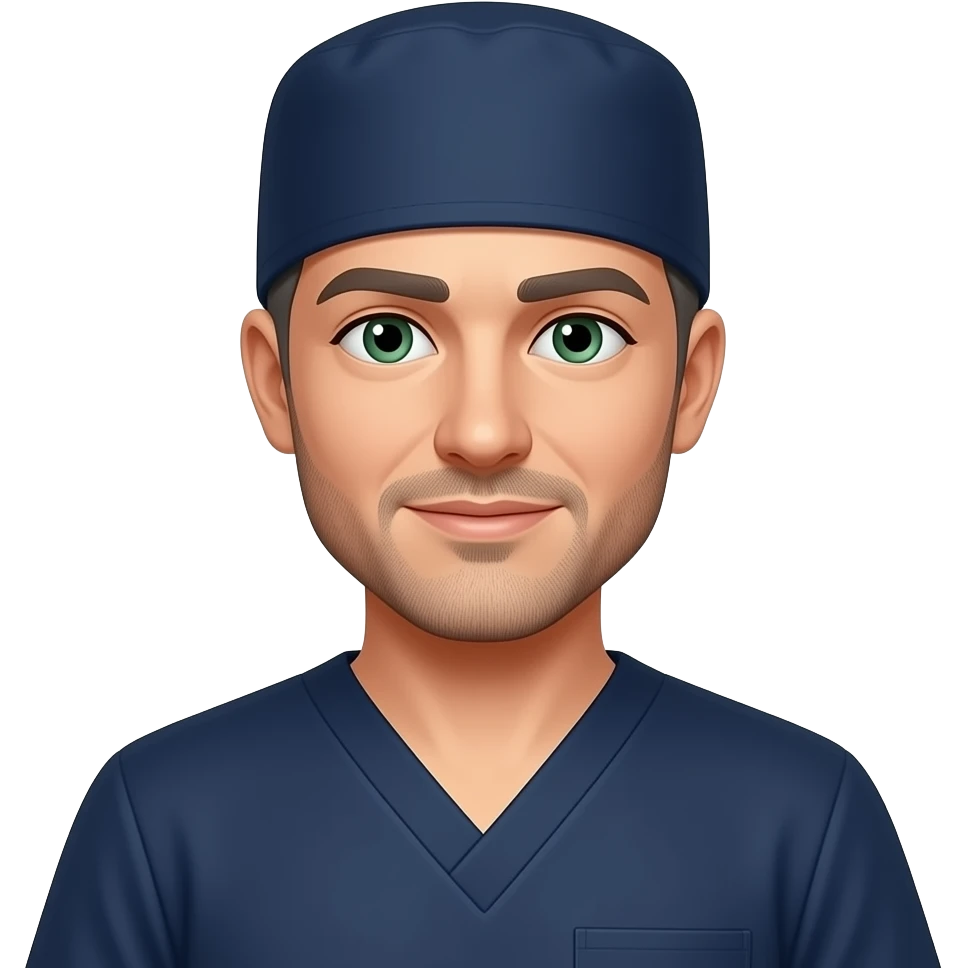 doctor with dark gray hair, beard stubble and green eyes in dark navy scub cap, dark navy shirt with no eyeware emoji